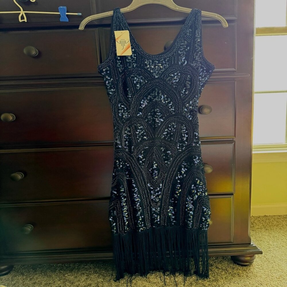 Vijiv 1920s Vintage Inspired Sequin Embellished Fringe Flapper Dress